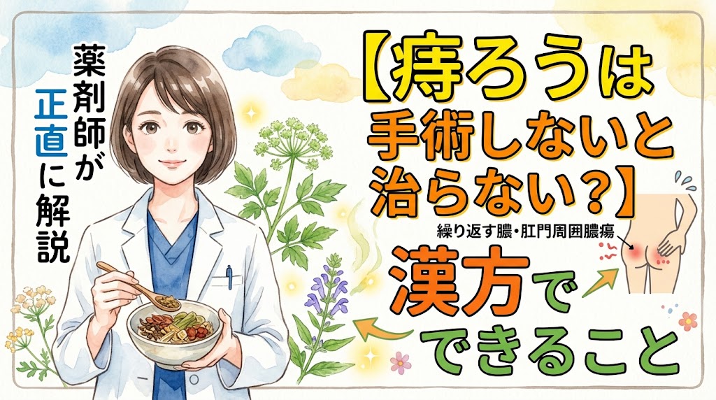 水彩画風のサムネイル画像。白衣を着て生薬の入った器を持つ女性薬剤師のイラストとともに、「【痔ろうは手術しないと治らない?】繰り返す膿・肛門周囲膿瘍 漢方でできること」「薬剤師が正直に解説」というテキストが大きく書かれています。背景には薬草とお尻の炎症を示すイラストが描かれています。