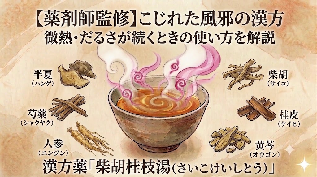 和紙のような質感のある背景に、漢方薬「柴胡桂枝湯（さいこけいしとう）」を紹介するイラスト解説図。上部には「【薬剤師監修】こじれた風邪の漢方 微熱・だるさが続くときの使い方を解説」とのテキスト。中央には赤紫色と白色の渦巻く湯気が立つお椀が描かれている。お椀を囲むように、左側に半夏（ハンゲ）、芍薬（シャクヤク）、人参（ニンジン）、右側に柴胡（サイコ）、桂皮（ケイヒ）、黄芩（オウゴン）の6つの生薬のイラストと名前が配置されている。下部には「漢方薬『柴胡桂枝湯（さいこけいしとう）』」と書かれており