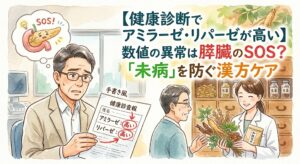 「健康診断でアミラーゼ・リパーゼが高い」というテーマの水彩画風サムネイルイラスト。左側には、健康診断の結果を見て「アミラーゼ」「リパーゼ」の数値が高いことにショックを受ける男性と、SOSを発する膵臓のキャラクターが描かれています。右側には「【健康診断でアミラーゼ・リパーゼが高い】数値の異常は膵臓のSOS？『未病』を防ぐ漢方ケア」というタイトル文字があり、その下で男性が笑顔の女性専門家から生薬を用いた漢方ケアの提案を受けている様子が描かれています。