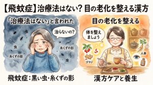 水彩画風のインフォグラフィック。上部に「【飛蚊症】治療法はない？ 目の老化を整える漢方」という大きなタイトル。左側は暗い色調の背景で、視界に黒い虫や糸くずのような影が飛んでおり、目を押さえて不安そうな表情の女性と、「『治療法はない』と言われた」「治らないの？」といったテキストが描かれています。右側は明るく温かい背景で、「目の老化を整える」「体を整えましょう」というテキストとともに、穏やかな笑顔で漢方茶を手にする女性が描かれています。周囲には人参やクコの実などの生薬が配置され、飛蚊症に対する不安（左側）から、漢方と養生による前向きなケア（右側）への変化を左右の対比で表現しています。