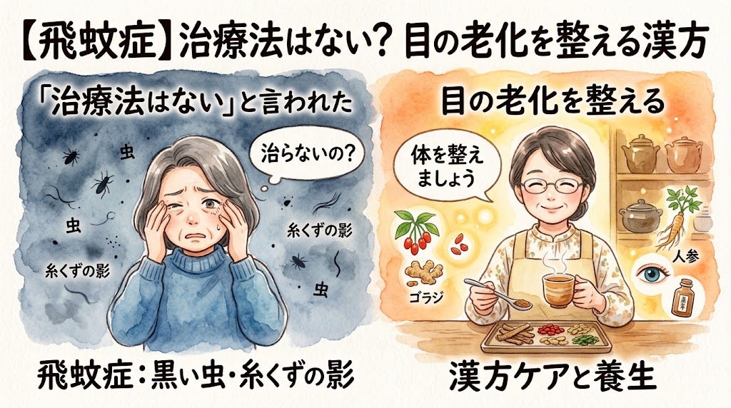 水彩画風のインフォグラフィック。上部に「【飛蚊症】治療法はない? 目の老化を整える漢方」という大きなタイトル。左側は暗い色調の背景で、視界に黒い虫や糸くずのような影が飛んでおり、目を押さえて不安そうな表情の女性と、「『治療法はない』と言われた」「治らないの?」といったテキストが描かれています。右側は明るく温かい背景で、「目の老化を整える」「体を整えましょう」というテキストとともに、穏やかな笑顔で漢方茶を手にする女性が描かれています。周囲には人参やクコの実などの生薬が配置され、飛蚊症に対する不安(左側)から、漢方と養生による前向きなケア(右側)への変化を左右の対比で表現しています。