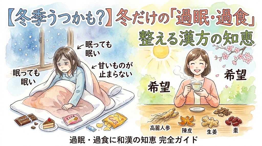 「【冬季うつかも？】冬だけの『過眠・過食』」をテーマにした水彩画風のサムネイル画像。左側は雪の降る窓辺で、布団にくるまりながらもどんよりと疲れ、周囲にスナック菓子やチョコレート、ケーキなどの甘いものが散乱している女性。右側は明るい日差しの中で、高麗人参、陳皮、生姜、棗などの生薬を取り入れ、スッキリとした笑顔で温かいお茶を楽しむ女性の姿が描かれ、「整える漢方の知恵」という大きなテキストが配置されています。