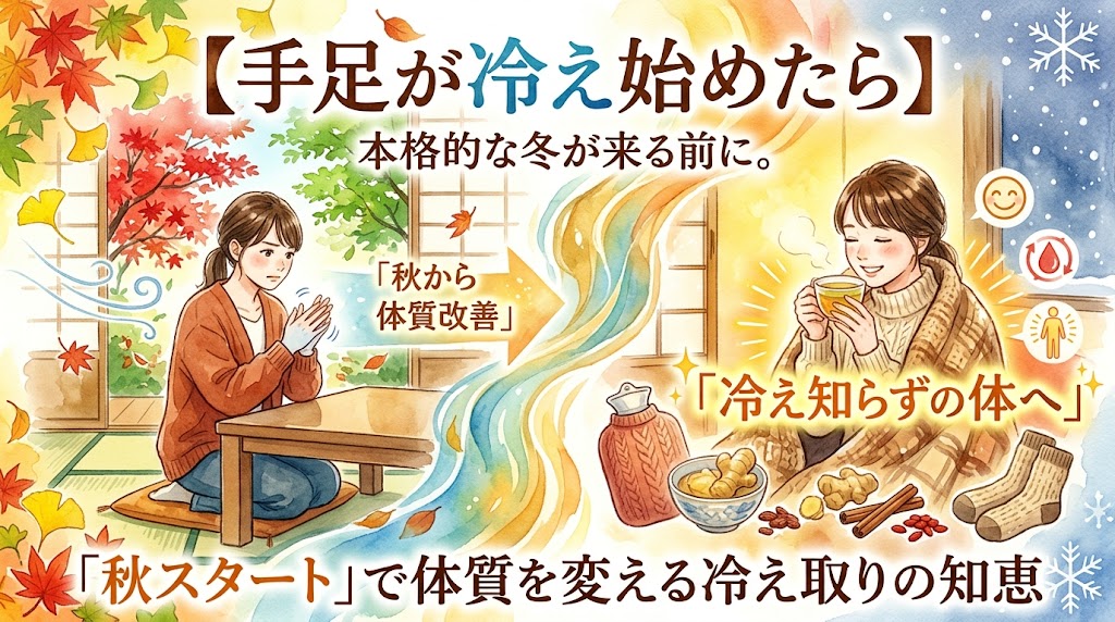 上部には「【手足が冷え始めたら】本格的な冬が来る前に。」というタイトルテキストが配置されています。 画面は左右で対比構造になっています。 左側は秋の紅葉と涼しい風が吹く和室で、憂鬱な表情で手をこすり合わせて冷えに耐える女性が描かれており、「｢秋から体質改善」」というテキストが添えられています。 右側は、雪が降る冬の窓外を背に、障子が閉まった暖かい和室で、ブランケットを羽織り笑顔で熱い茶を飲む女性の姿が描かれています。周囲には、湯たんぽ、生姜、肉桂、枸杞子、厚手の靴下といった冷え取りアイテムと、笑顔、血液循環、全身の健康を表すアイコンが散りばめられており、「｢冷え知らずの体へ」」というテキストが添えられています。 中央には、青色と黄色の多彩なエネルギーの流れが両側を繋いでいます。 底部には、大きなテキストで：｢秋スタート」で体質を変える冷え取りの知恵」と書かれています。
