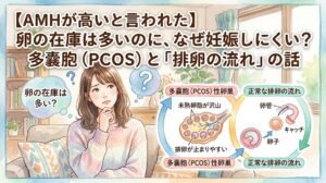 「【AMHが高いと言われた】卵の在庫は多いのに、なぜ妊娠しにくい?多嚢胞(PCOS)と『排卵の流れ』の話」というタイトルが書かれた水彩画風のサムネイル画像。悩んでいる女性のイラストと、多嚢胞性卵巣と正常な排卵の流れを比較する図解が描かれています。