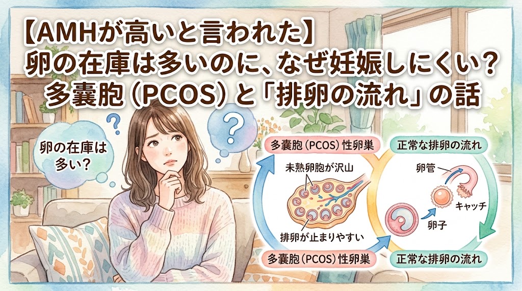 「【AMHが高いと言われた】卵の在庫は多いのに、なぜ妊娠しにくい?多嚢胞(PCOS)と『排卵の流れ』の話」というタイトルが書かれた水彩画風のサムネイル画像。悩んでいる女性のイラストと、多嚢胞性卵巣と正常な排卵の流れを比較する図解が描かれています。