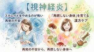 【視神経炎】ステロイドをやめるのが怖い、再発の不安から「再燃しない身体」を育てる漢方ケアへ。薬を持ち悩む女性と、漢方で笑顔を取り戻した女性を対比させた水彩画イラスト。