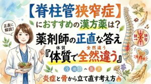 水彩画風のサムネイル画像。白衣を着て生薬の入った器を持つ女性薬剤師のイラストとともに、「【脊柱管狭窄症】におすすめの漢方薬は？薬剤師の正直な答え『体質で全然違う』」「炎症と骨から立て直す考え方」というテキストが大きく書かれています。右側には背骨と神経の圧迫を示すイラストや薬草が描かれています。