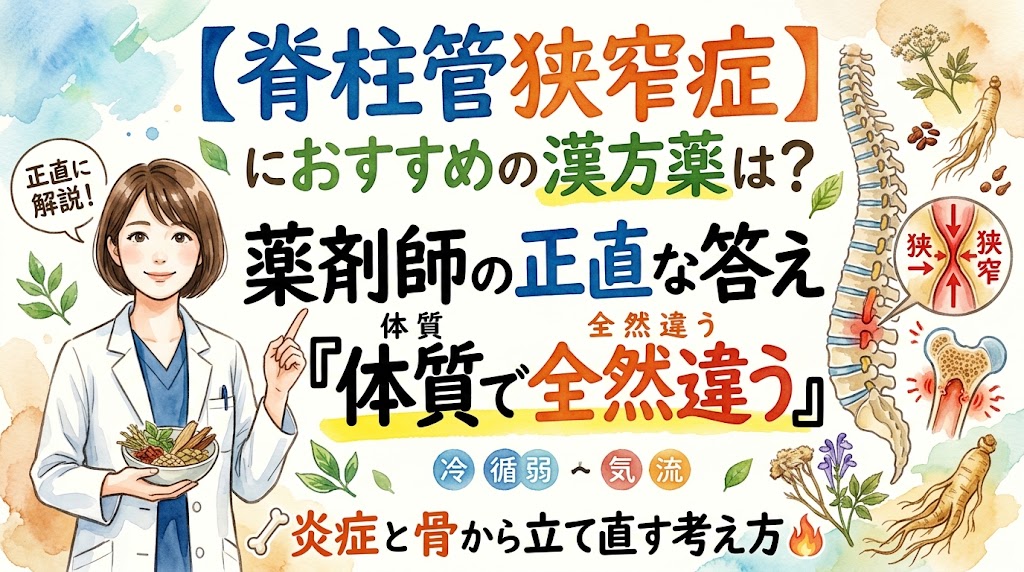 水彩画風のサムネイル画像。白衣を着て生薬の入った器を持つ女性薬剤師のイラストとともに、「【脊柱管狭窄症】におすすめの漢方薬は?薬剤師の正直な答え『体質で全然違う』」「炎症と骨から立て直す考え方」というテキストが大きく書かれています。右側には背骨と神経の圧迫を示すイラストや薬草が描かれています。