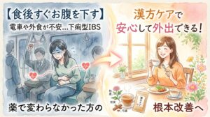 水彩画タッチのサムネイル画像。画面の左側には青暗いトーンで、電車の中で青ざめながらお腹を押さえ、不安そうな表情を浮かべる女性が描かれています。そこから右向きの矢印が伸び、右側は明るく暖かなトーンで、漢方薬のパッケージや生薬(桂皮や芍薬など)のイラストとともに、レストランで安心した笑顔で食事とお茶を楽しむ女性が対比として描かれています。画像内のテキストには「【食後すぐお腹を下す】電車や外食が不安…下痢型IBS」「薬で変わらなかった方の」「漢方ケアで安心して外出できる!」「根本改善へ」と書かれています。