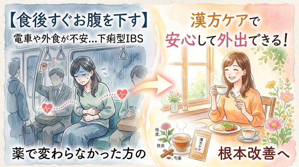 水彩画タッチのサムネイル画像。画面の左側には青暗いトーンで、電車の中で青ざめながらお腹を押さえ、不安そうな表情を浮かべる女性が描かれています。そこから右向きの矢印が伸び、右側は明るく暖かなトーンで、漢方薬のパッケージや生薬（桂皮や芍薬など）のイラストとともに、レストランで安心した笑顔で食事とお茶を楽しむ女性が対比として描かれています。画像内のテキストには「【食後すぐお腹を下す】電車や外食が不安…下痢型IBS」「薬で変わらなかった方の」「漢方ケアで安心して外出できる！」「根本改善へ」と書かれています。