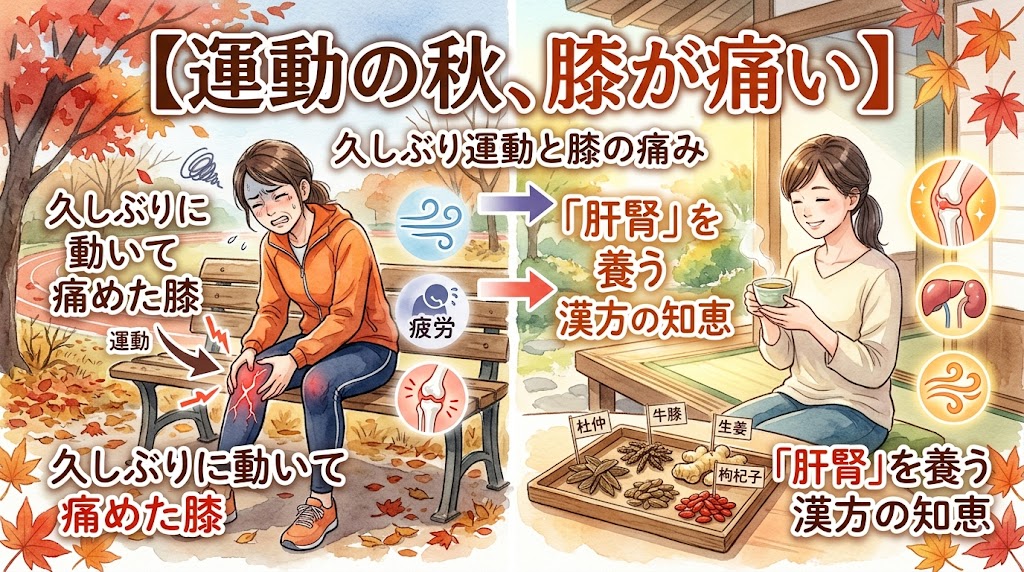 「『運動の秋、膝が痛い』をテーマにした、水彩画風のYouTubeサムネイル画像。中央には『【運動の秋、膝が痛い】久しぶり運動と膝の痛み』と日本語で書かれている。画像は左右で対比されており、左側には久しぶりの運動で膝を痛めた女性が公園のベンチで悲痛な表情で膝を押さえる姿と、疲労や関節痛のアイコンが描かれている。右側には、膝の痛みを改善するために『肝腎』を養う漢方の知恵を紹介しており、縁側でお茶を飲む穏やかな女性と、杜仲、牛膝、生姜、枸杞子などの生薬がトレイに並んでいる。和風の庭と紅葉が全体を彩っている。」