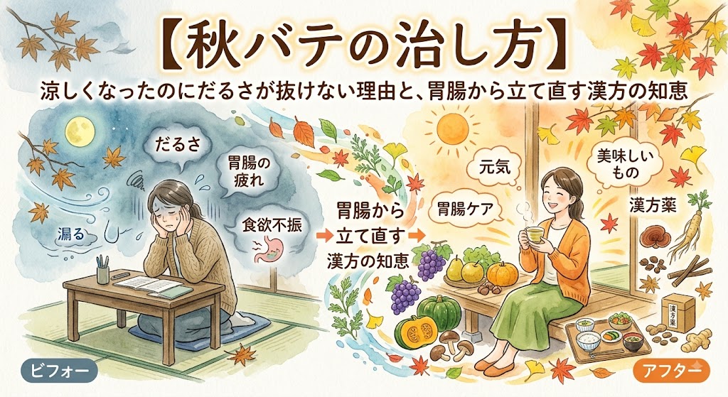 水彩画風のサムネイルタイトル「【秋バテの治し方】涼しくなったのにだるさが抜けない理由と、胃腸から立て直す漢方の知恵」が上部に配置された、イラスト。 左側の「ビフォー」は、元気のない青白い顔の女性が不調の言葉（だるさ、胃腸の疲れ、食欲不振）とともに描かれている。中央の大きなオレンジ色の矢印の下には「胃腸から立て直す漢方の知恵」とあり、右側の「アフター」では、笑顔で元気な女性が明るい和室の縁側で漢方茶を飲んでおり、その周りには秋の味覚（カボチャ、きのこ、ブドウなど）、漢方薬材、和食が並び、「元気」「胃腸ケア」「美味しいもの」「漢方薬」の言葉がある。紅葉やイチョウの葉が全体に舞っている。