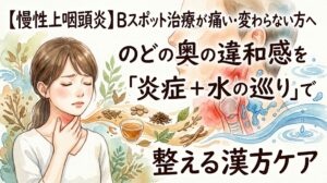 「【慢性上咽頭炎】Bスポット治療が痛い・変わらない方へ——のどの奥の違和感を『炎症+水の巡り』で整える漢方ケア」というタイトルが書かれた水彩画風のサムネイル画像。のどを押さえてつらそうな女性、のどの奥の断面図、そして漢方の生薬と清らかな水の流れが描かれています。