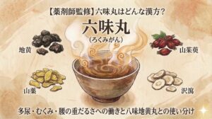 和風水彩画スタイルで描かれた、漢方薬「六味丸」の解説用サムネイル。古い紙のテクスチャの背景。前回のサムネイルと共通の薬碗を使用。上部に「【薬剤師監修】六味丸はどんな漢方?」、中央に大きく「六味丸(ろくみがん)」のテキスト。立ち上る湯気と複雑な渦巻き模様のある伝統的な陶器の薬碗が中央にある。碗を囲んで、地黄、山茱萸、山薬、沢瀉の4つの生薬のイラストと名前が配置されている。下部には「多尿・むくみ・腰の重だるさへの働きと八味地黄丸との使い分け」と記されている。右下隅に小さな輝きのアイコン。