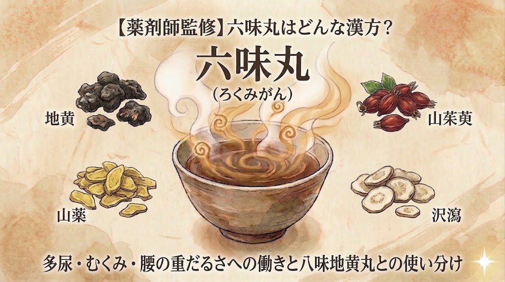 和風水彩画スタイルで描かれた、漢方薬「六味丸」の解説用サムネイル。古い紙のテクスチャの背景。前回のサムネイルと共通の薬碗を使用。上部に「【薬剤師監修】六味丸はどんな漢方?」、中央に大きく「六味丸(ろくみがん)」のテキスト。立ち上る湯気と複雑な渦巻き模様のある伝統的な陶器の薬碗が中央にある。碗を囲んで、地黄、山茱萸、山薬、沢瀉の4つの生薬のイラストと名前が配置されている。下部には「多尿・むくみ・腰の重だるさへの働きと八味地黄丸との使い分け」と記されている。右下隅に小さな輝きのアイコン。
