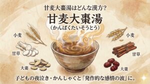 水彩画風のタッチで描かれた「甘麦大棗湯」の解説用サムネイル画像。古い紙のような背景の中央に、湯気が立つ漢方薬が入った器が描かれている。上部には「【薬剤師監修】甘麦大棗湯はどんな漢方?」、下部には「子どもの夜泣き・かんしゃくと『発作的な感情の波』に」というテキストが配置され、周囲には小麦、甘草、大棗の生薬のイラストが添えられている。