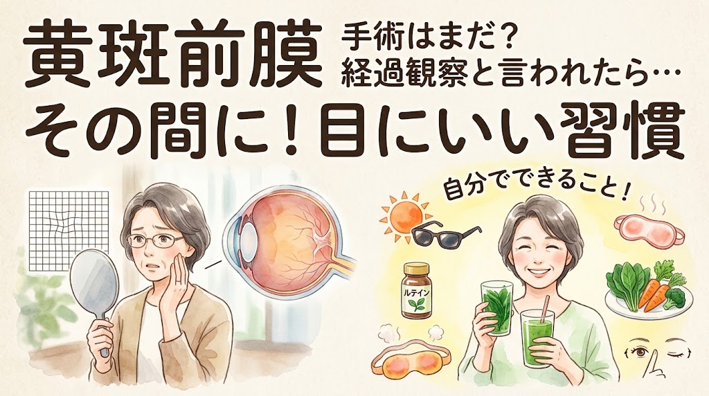 水彩画風のインフォグラフィック。上部に「黄斑前膜 手術はまだ?経過観察と言われたら… その間に!目にいい習慣」の大きなテキスト。左側は、歪んだ格子状の図と目の断面図を背景に、片目を隠して不安そうにする女性のイラスト。右側は「自分でできること!」として、サングラス(紫外線対策)、ルテインのサプリメント、ホットアイマスク、緑黄色野菜などのアイコンと共に、笑顔でグリーンスムージーを飲む女性が描かれている。経過観察中の不安な状態から、自分でできるセルフケアへの前向きな転換を描いている。