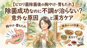 水彩画タッチのサムネイル画像。タイトルは「【ピロリ菌除菌後の胸やけ・胃もたれ】除菌成功なのに不調が治らない？意外な原因と漢方ケア」。中央に和室で温かいお茶を飲む笑顔の女性。左側にピロリ菌除菌に成功した胃のイラスト、右側に根本改善を促す生薬が配置されている。