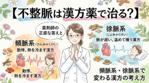 中央に白衣を着て優しく説明する女性薬剤師が描かれています。左側には「頻脈系」として動悸を感じる女性と激しい心拍の波形、右側には「徐脈系」としてベッドで休む人と穏やかな心拍の波形が描かれ、周囲には植物や生薬が散りばめられています。テキストで「【不整脈は漢方薬で治る?】薬剤師の正直な答えと」「頻脈系(ひんみゃくけい)動悸、熱を冷ます漢方」「徐脈系(じょみゃくけい)脈が遅い、温めて補う漢方」「頻脈系・徐脈系で変わる漢方の考え方」と記載されています。