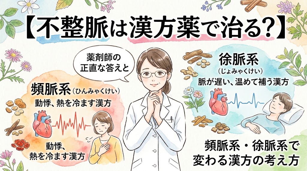 中央に白衣を着て優しく説明する女性薬剤師が描かれています。左側には「頻脈系」として動悸を感じる女性と激しい心拍の波形、右側には「徐脈系」としてベッドで休む人と穏やかな心拍の波形が描かれ、周囲には植物や生薬が散りばめられています。テキストで「【不整脈は漢方薬で治る?】薬剤師の正直な答えと」「頻脈系(ひんみゃくけい)動悸、熱を冷ます漢方」「徐脈系(じょみゃくけい)脈が遅い、温めて補う漢方」「頻脈系・徐脈系で変わる漢方の考え方」と記載されています。