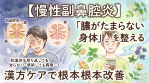 「【慢性副鼻腔炎】抗生剤を繰り返しても治らない・手術しても再発…『膿がたまらない身体』を整える漢方ケアで根本改善」というタイトルが書かれた水彩画風のサムネイル画像。副鼻腔に膿がたまる様子や頭痛に悩む人物と、漢方薬を飲みながらリラックスする女性が対比して描かれています。