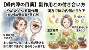 水彩画風のインフォグラフィック。上部に「【緑内障の目薬】副作用との付き合い方」のタイトル。左側には「やめたくなる副作用（まつ毛が伸びる・黒ずみ）」として、手鏡に映る長く太いまつ毛と目の周りの色素沈着を見てショックを受けている女性のイラストと、「目薬が怖い…やめたい…」という悩みのテキスト。右側には「漢方で体の内側からケア」として、穏やかな表情で温かい漢方茶を飲む女性と、「気・血・水」「不安を和らげる漢方ケア」のテキスト。手前には高麗人参や大棗（ナツメ）などの生薬やすり鉢が並び、外見の副作用の悩みに対して体の内側から整える漢方のアプローチを提案している。