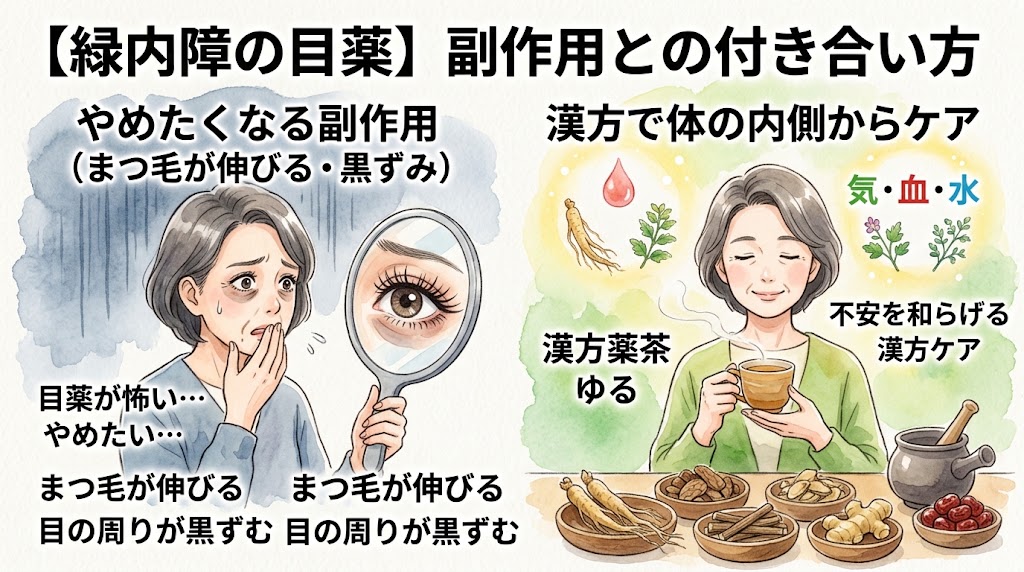 水彩画風のインフォグラフィック。上部に「【緑内障の目薬】副作用との付き合い方」のタイトル。左側には「やめたくなる副作用(まつ毛が伸びる・黒ずみ)」として、手鏡に映る長く太いまつ毛と目の周りの色素沈着を見てショックを受けている女性のイラストと、「目薬が怖い…やめたい…」という悩みのテキスト。右側には「漢方で体の内側からケア」として、穏やかな表情で温かい漢方茶を飲む女性と、「気・血・水」「不安を和らげる漢方ケア」のテキスト。手前には高麗人参や大棗(ナツメ)などの生薬やすり鉢が並び、外見の副作用の悩みに対して体の内側から整える漢方のアプローチを提案している。