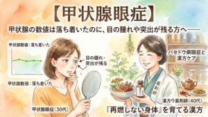【甲状腺眼症】甲状腺の数値は落ち着いたのに、目の腫れや突出が残る方へ。バセドウ病眼症と漢方ケア。鏡を見て目の腫れを気にする女性と、漢方薬を提案する薬剤師の水彩画イラスト。