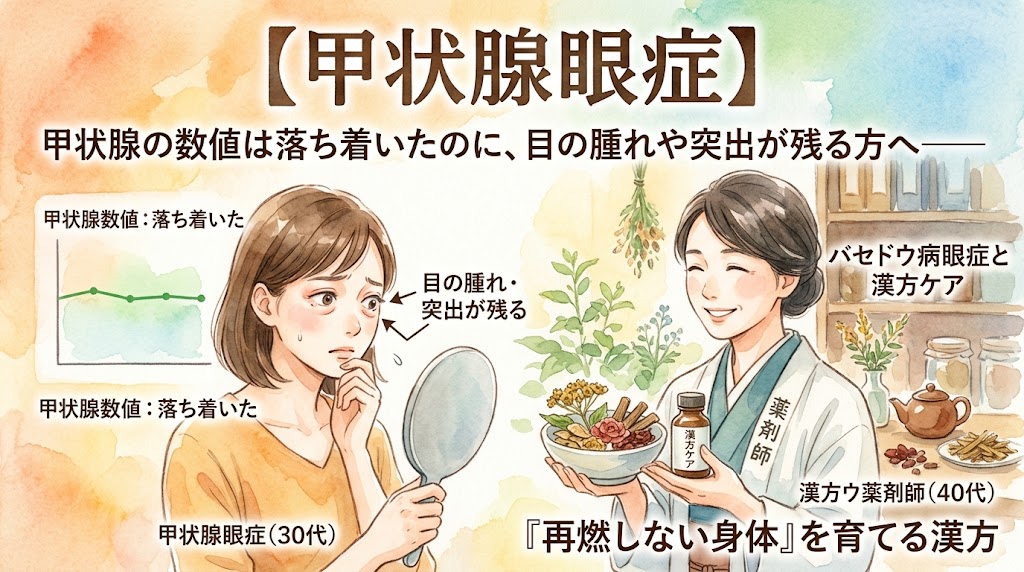 【甲状腺眼症】甲状腺の数値は落ち着いたのに、目の腫れや突出が残る方へ。バセドウ病眼症と漢方ケア。鏡を見て目の腫れを気にする女性と、漢方薬を提案する薬剤師の水彩画イラスト。