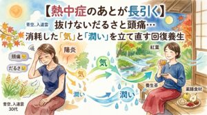 水彩画風のサムネイル画像。左側には熱中症の後遺症による頭痛とだるさに悩む女性、右側にはお茶や薬膳食材で「気」と「潤い」を補給し回復した女性が対比して描かれています。上部に「【熱中症のあとが長引く】抜けないだるさと頭痛…消耗した「気」と「潤い」を立て直す回復養生」というタイトルテキストが配置されています。