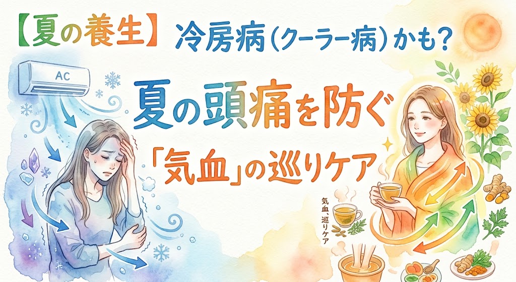 「夏の養生、冷房病による頭痛を防ぐための『気血の巡りケア』をテーマにした、水彩画風のインフォグラフィック。左側はエアコンから吹き出す冷風と氷に凍え、頭痛を訴える青ざめた女性。対照的に右側は暖かく、笑顔で温かいお茶を飲み、健康的な気血の巡りを表す緑とオレンジの矢印に包まれた女性。右下には生姜、ウコン、ヨモギ、足湯、健康茶などの巡りを助けるケア方法のイラストと『気血、巡りケア』の文字。タイトルは『夏の頭痛を防ぐ「気血」の巡りケア』。」