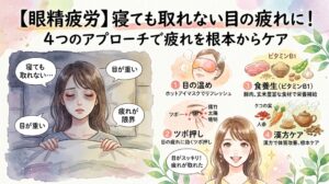 水彩画風のインフォグラフィック。上部に「【眼精疲労】寝ても取れない目の疲れに! 4つのアプローチで疲れを根本からケア」というタイトル。左側にはベッドに入っても「寝ても取れない…」「目が重い」と目の下のクマを作って悩む女性のイラスト。右側には解決策として、①目の温め(ホットアイマスク)、②ツボ押し(攅竹、太陽、晴明などのツボ)、③食養生(ビタミンB1を含む豚肉や豆類)、④漢方ケア(クコの実や人参などの生薬と漢方茶)の4つのイラストが配置され、右下には「目がスッキリ!」と笑顔を取り戻した女性が描かれている。