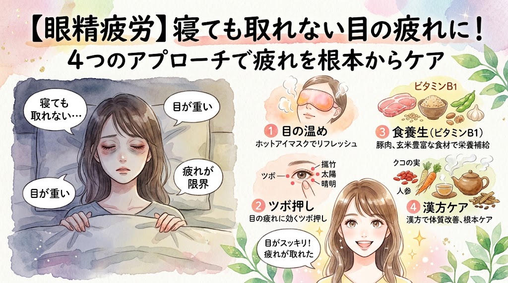 水彩画風のインフォグラフィック。上部に「【眼精疲労】寝ても取れない目の疲れに! 4つのアプローチで疲れを根本からケア」というタイトル。左側にはベッドに入っても「寝ても取れない…」「目が重い」と目の下のクマを作って悩む女性のイラスト。右側には解決策として、①目の温め(ホットアイマスク)、②ツボ押し(攅竹、太陽、晴明などのツボ)、③食養生(ビタミンB1を含む豚肉や豆類)、④漢方ケア(クコの実や人参などの生薬と漢方茶)の4つのイラストが配置され、右下には「目がスッキリ!」と笑顔を取り戻した女性が描かれている。