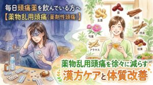 水彩画タッチのサムネイル画像。左側は薄暗い部屋で、たくさんの頭痛薬(シートや瓶)に囲まれながら、頭を抱えて辛そうにしている女性が描かれています。右側は明るい背景で、生姜、棗(なつめ)、桂皮、芍薬などの生薬イラストと共に、温かいお茶を飲んで笑顔を見せる女性が対比として描かれています。画像内のテキストには「毎日頭痛薬を飲んでいる方へ【薬物乱用頭痛(薬剤性頭痛)】」「薬物乱用頭痛を徐々に減らす 漢方ケアと体質改善」と書かれています。