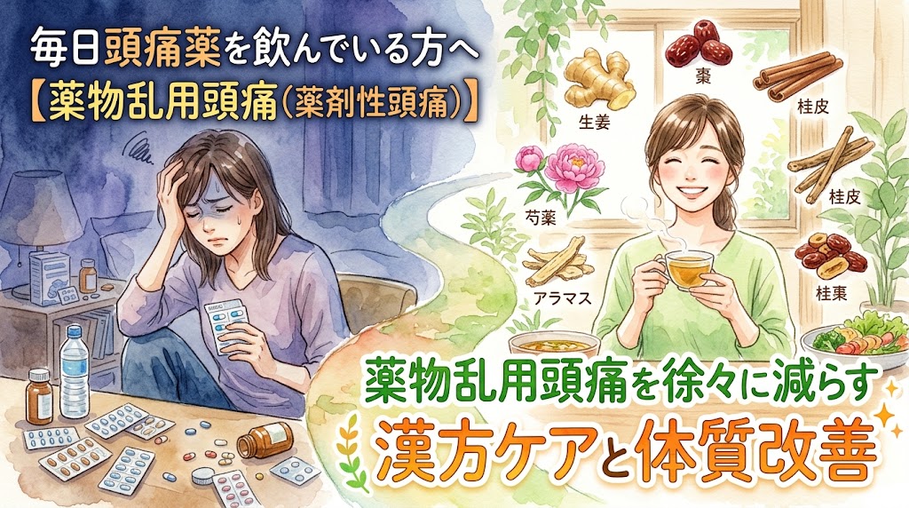 水彩画タッチのサムネイル画像。左側は薄暗い部屋で、たくさんの頭痛薬（シートや瓶）に囲まれながら、頭を抱えて辛そうにしている女性が描かれています。右側は明るい背景で、生姜、棗（なつめ）、桂皮、芍薬などの生薬イラストと共に、温かいお茶を飲んで笑顔を見せる女性が対比として描かれています。画像内のテキストには「毎日頭痛薬を飲んでいる方へ【薬物乱用頭痛（薬剤性頭痛）】」「薬物乱用頭痛を徐々に減らす 漢方ケアと体質改善」と書かれています。
