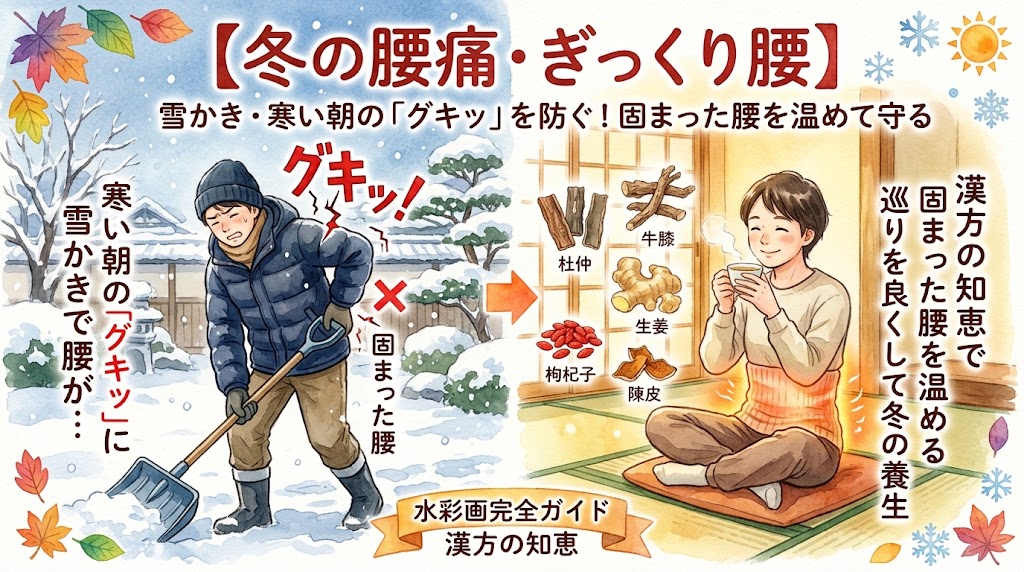 「【冬の腰痛・ぎっくり腰】雪かき・寒い朝の『グキッ』を防ぐ！固まった腰を温めて守る」をテーマにした水彩画風のサムネイル画像。左側は雪景色の中、雪かき中に腰に激痛（グキッ！）が走り、顔をしかめる男性。右側は温かい和室で、腰回りがポカポカと温まった状態で漢方茶を飲んでほほえむ男性が描かれています。中央には杜仲、牛膝、生姜、枸杞子、陳皮などの生薬が配置され、冷えから腰を守る漢方の知恵が表現されています。