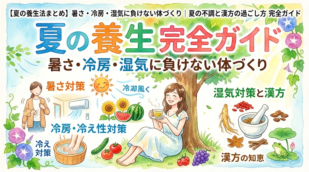 【夏の養生法まとめ】暑さ・冷房・湿気に負けない体づくり|夏の不調と漢方の過ごし方 完全ガイド。木陰で漢方茶を飲みくつろぐ女性を中心に、すいかや夏野菜などの暑さ対策、足湯などの冷房・冷え性対策、生薬などの湿気対策が描かれた水彩画風イラスト。