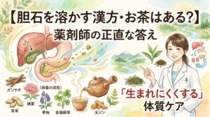【胆石を溶かす漢方・お茶はある？】薬剤師の正直な答えと「生まれにくくする」体質ケア。胆のうと胆石の図解、金銭草などの生薬と漢方茶、解説する薬剤師の水彩画イラスト。