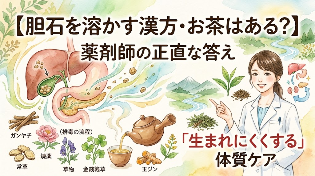【胆石を溶かす漢方・お茶はある？】薬剤師の正直な答えと「生まれにくくする」体質ケア。胆のうと胆石の図解、金銭草などの生薬と漢方茶、解説する薬剤師の水彩画イラスト。
