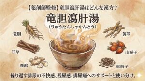 水彩画風のタッチで描かれた「竜胆瀉肝湯」の解説用サムネイル画像。古い紙のような背景の中央に、湯気が立つ漢方薬が入った器が描かれている。上部には「【薬剤師監修】竜胆瀉肝湯はどんな漢方?」、下部には「繰り返す膀胱炎・排尿トラブルへの使い方と使い分け」というテキストが配置され、周囲には構成生薬や排尿トラブルをイメージさせるイラストが添えられている。