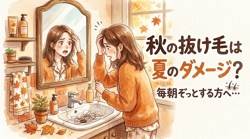 画像に設定する代替テキスト（ALT属性）の案を作成しました。用途に合わせて使い分けてみてください。 短いALTテキスト（推奨） 秋の抜け毛に悩む女性を描いた水彩画タッチのサムネイル画像。洗面台に落ちた大量の髪の毛を見てショックを受けている女性のイラストに、「秋の抜け毛は夏のダメージ？毎朝ぞっとする方へ…」というテキストが添えられています。