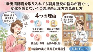 新宿の漢方薬局【太陽堂】による、副鼻腔炎(蓄膿症)ケアに関するブログ記事サムネイル。水彩画風イラストで、辛夷清肺湯(しんいせいはいとう)が効かない『4つの理由』(①タイプ違い(透明な鼻水)、②力が足りない(一般処方)、③慢性化・鼻茸、④生薬の質と形)を解説。左に悩む女性、右に笑顔の薬剤師。上部にメインタイトル「『辛夷清肺湯を取り入れても副鼻腔炎の悩みが続く…』変化を感じない4つの理由と漢方の見直し方」。下部に薬局名と「詳細はこちら」ボタン。