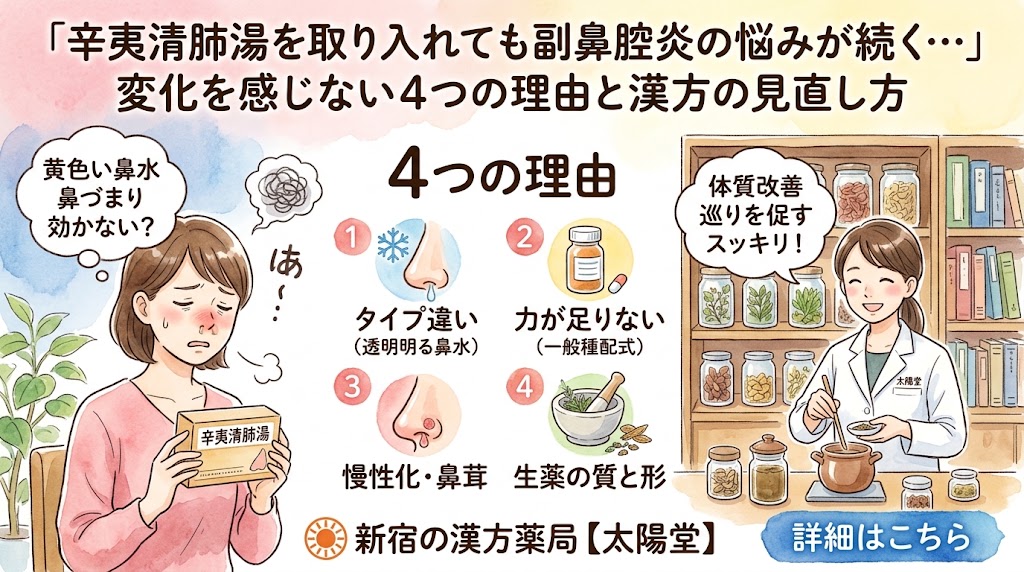 新宿の漢方薬局【太陽堂】による、副鼻腔炎（蓄膿症）ケアに関するブログ記事サムネイル。水彩画風イラストで、辛夷清肺湯（しんいせいはいとう）が効かない『4つの理由』（①タイプ違い（透明な鼻水）、②力が足りない（一般処方）、③慢性化・鼻茸、④生薬の質と形）を解説。左に悩む女性、右に笑顔の薬剤師。上部にメインタイトル「『辛夷清肺湯を取り入れても副鼻腔炎の悩みが続く…』変化を感じない4つの理由と漢方の見直し方」。下部に薬局名と「詳細はこちら」ボタン。