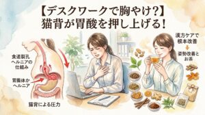 水彩画タッチのサムネイル画像。タイトルは「【デスクワークで胸やけ？】猫背が胃酸を押し上げる！」。中央にパソコン作業で前かがみになり胸やけを起こしている女性。左側に猫背による食道裂孔ヘルニアの仕組みを図解し、右側には姿勢を正して漢方を飲む女性と生薬が描かれている。