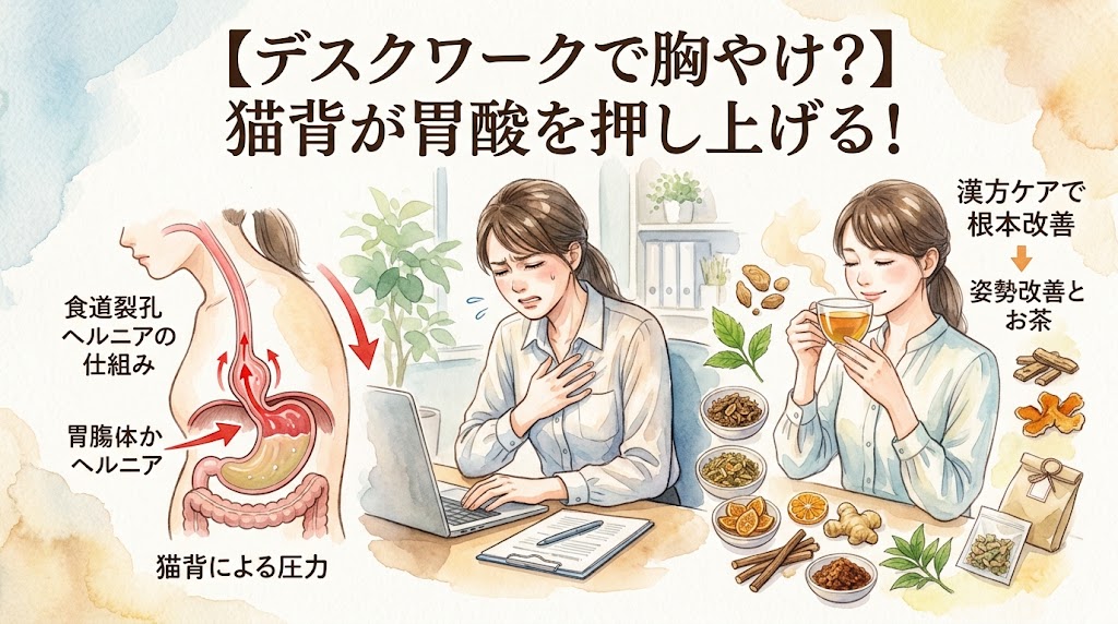 水彩画タッチのサムネイル画像。タイトルは「【デスクワークで胸やけ?】猫背が胃酸を押し上げる!」。中央にパソコン作業で前かがみになり胸やけを起こしている女性。左側に猫背による食道裂孔ヘルニアの仕組みを図解し、右側には姿勢を正して漢方を飲む女性と生薬が描かれている。
