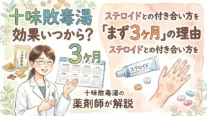 日本語のテキストとイラストが含まれる、十味敗毒湯の効果期間とステロイドに関するサムネイル画像。 画面上部には、左上に「十味敗毒湯 効果いつから？」、右上に「ステロイドとの付き合い方を『まず3ヶ月』の理由ステロイドとの付き合い方を」というテキストが記載されている。 画面左側には、白衣を着てメガネをかけた女性薬剤師が説明するイラストがある。彼女の左には、十味敗毒湯のパッケージ（パウチ）、生薬（生姜や当帰など）、お湯のカップが並んでいる。 画面中央には、「3ヶ月」と大きな文字が書かれた1月から8月までのカレンダー（月名と日付が記載されているが、重複や誤記あり）のイラストがある。その右には、ステロイド軟膏のチューブと、いくつかの錠剤が描かれている。 画面右側には、発疹のある手のイラストがある。 画面中央下部には、「十味敗毒湯の薬剤師が解説」というテキストがある。 全体は明るく、植物の葉と花のイラストで縁取られ、穏やかな雰囲気。