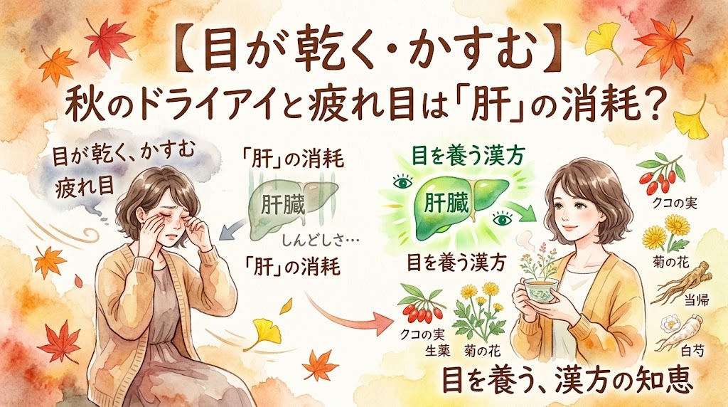 水彩画風のスタイルで描かれた、秋の目の不調と漢方をテーマにした左右対比のイラスト。上部には「【目が乾く・かすむ】秋のドライアイと疲れ目は「肝」の消耗？」というタイトルがある。左側には、目が充血し、憂鬱な表情で涙を拭っている女性と、消耗して弱った「肝」臓のイラスト。右側には、元気な女性が漢方茶を手に、健康で光る「肝」臓のイラストと、目を養う生薬（クコの実、菊の花、当帰、白芍）に囲まれている。