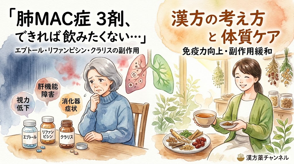 水彩画風のイラストで描かれた医療情報系のYouTubeサムネイル。画面は左右で対比する構成になっています。 左側は青暗い背景で、不安そうな表情で頬杖をつく年配の女性が描かれています。テーブルの上には「エブトール」「リファンピシン」「クラリス」とラベルが貼られた3つの薬のボトルと錠剤があり、その上部に「視力低下」「肝機能障害」「消化器症状」という副作用を示す吹き出しが浮かんでいます。女性の頭上には、病変のある肺のイラストが描かれています。上部には黒い文字で「『肺MAC症 3剤、できれば飲みたくない…』エブトール・リファンピシン・クラリスの副作用」と記載されています。 右側は明るく温かみのある背景で、光が差し込む窓辺に植物が干されています。穏やかな笑顔の女性が、漢方薬の入ったお椀と砕いた生薬の小皿を手に持っています。テーブルの上には高麗人参、八角、ナツメなどの生薬が盛られたお皿が置かれています。上部には茶色い文字で「漢方の考え方 と 体質ケア 免疫力向上・副作用緩和」と書かれています。右下には「漢方薬チャンネル」というロゴが入っています。
