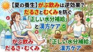 アニメ・イラスト調の動画サムネイル画像。上部に「【夏の養生】がぶ飲みは逆効果? だるさとむくみを防ぐ「正しい水分補給」と漢方ケア」の大きな日本語タイトル。画面は左右に分割され、対比されている。 左側は「がぶ飲み だるさ・むくみ」と赤文字で書かれ、汗をかきながらペットボトルの水をがぶ飲みする女性が、むくんだ足を痛がっている様子。太陽と大きなペットボトルが並んでいる。 右側は「「正しい水分補給」漢方ケア」と緑文字で書かれ、笑顔の女性が和風の縁側に座り、上品にボトルから水を飲んでいる様子。女性の前には急須と湯呑み、漢方薬(生薬)が並んでいる。背景には緑。