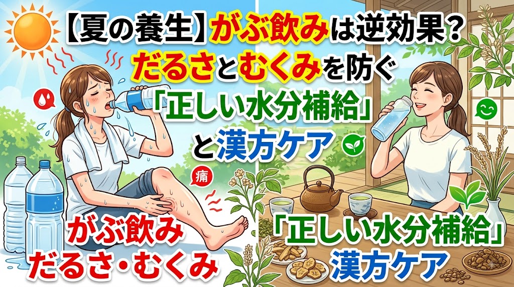 アニメ・イラスト調の動画サムネイル画像。上部に「【夏の養生】がぶ飲みは逆効果? だるさとむくみを防ぐ「正しい水分補給」と漢方ケア」の大きな日本語タイトル。画面は左右に分割され、対比されている。 左側は「がぶ飲み だるさ・むくみ」と赤文字で書かれ、汗をかきながらペットボトルの水をがぶ飲みする女性が、むくんだ足を痛がっている様子。太陽と大きなペットボトルが並んでいる。 右側は「「正しい水分補給」漢方ケア」と緑文字で書かれ、笑顔の女性が和風の縁側に座り、上品にボトルから水を飲んでいる様子。女性の前には急須と湯呑み、漢方薬(生薬)が並んでいる。背景には緑。